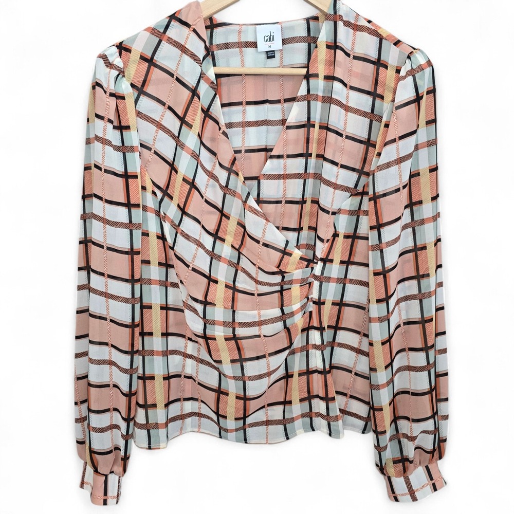 CAbi Top Womens Medium Pink Chiffon Plaid Blouse Surplice Neck Style 6295 Ladies